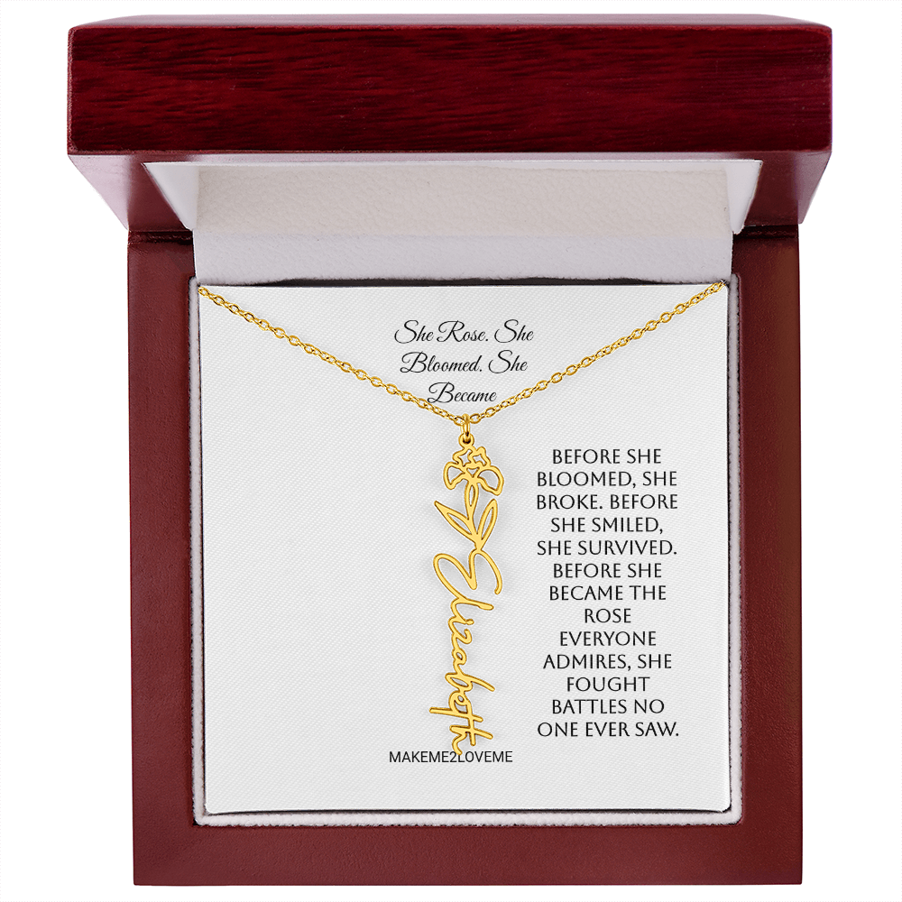 The gold She Rose flower name necklace with its original She Rose, She Bloomed, She Became message card in a luxury gift box