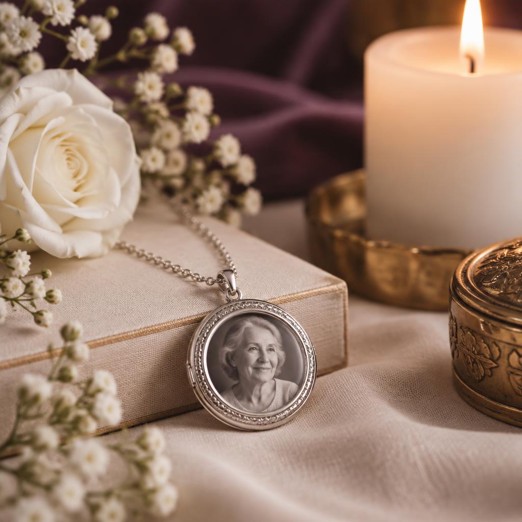 A memorial photo pendant beside a candle and white flowers