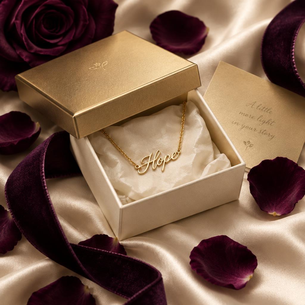 A gold name necklace reading Hope inside a cream gift box with plum rose petals and ribbon